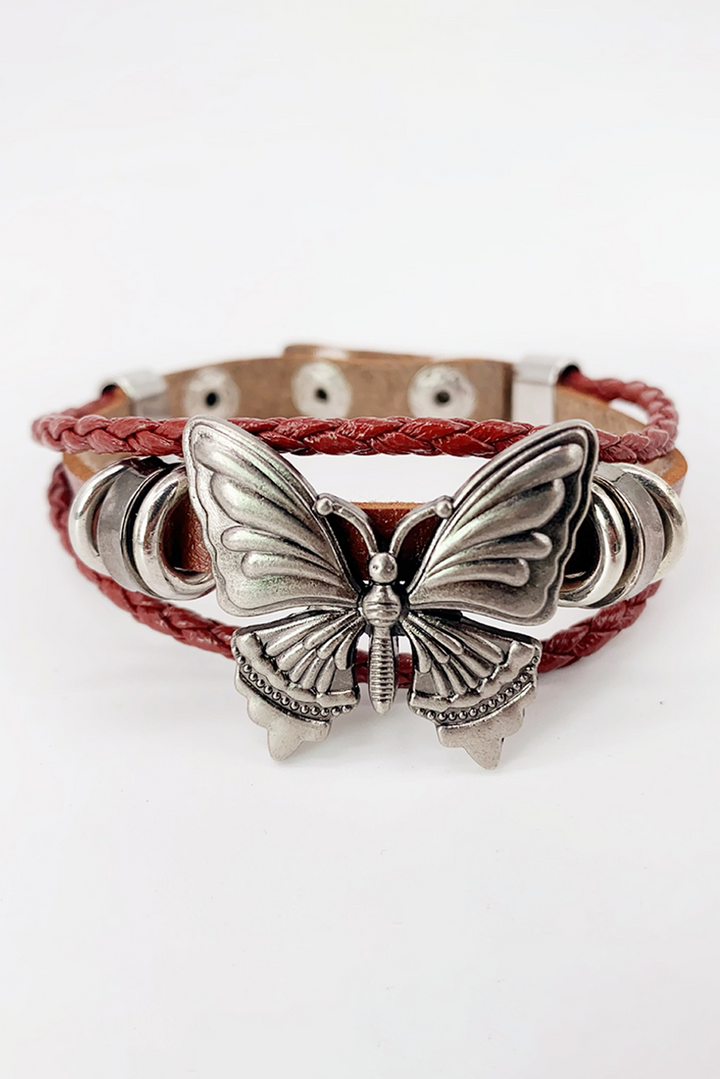 Bracelet à bouton-pression tressé en similicuir exotique avec décor papillon rétro 