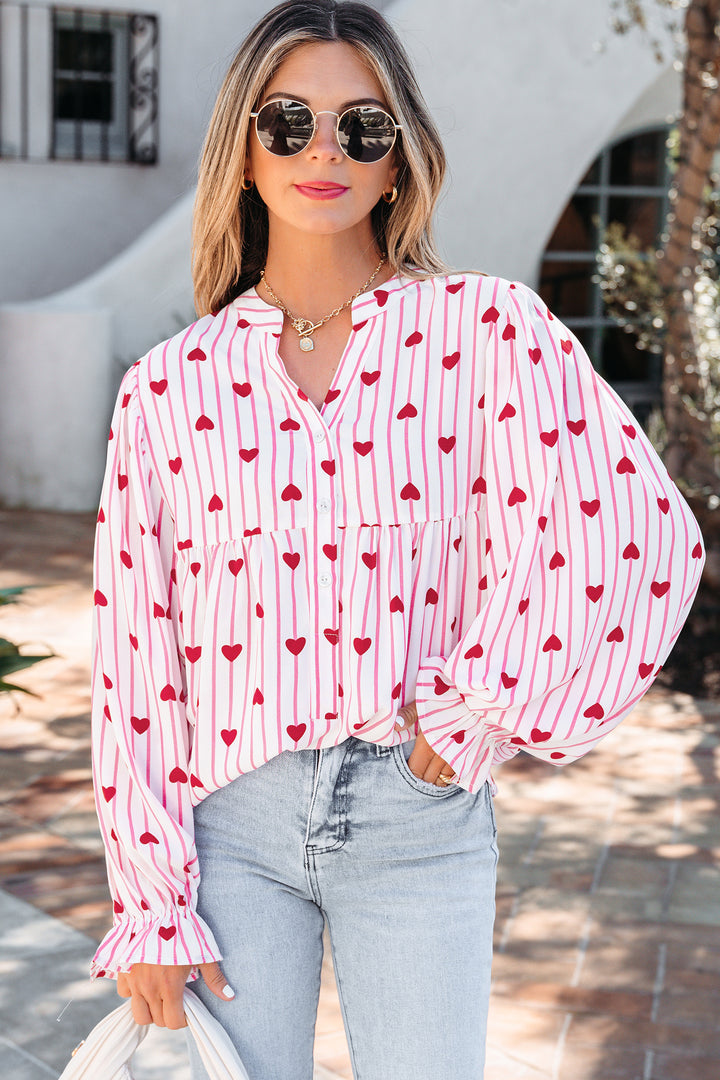 Textured Heart Print Long Flounce Sleeve Shirt