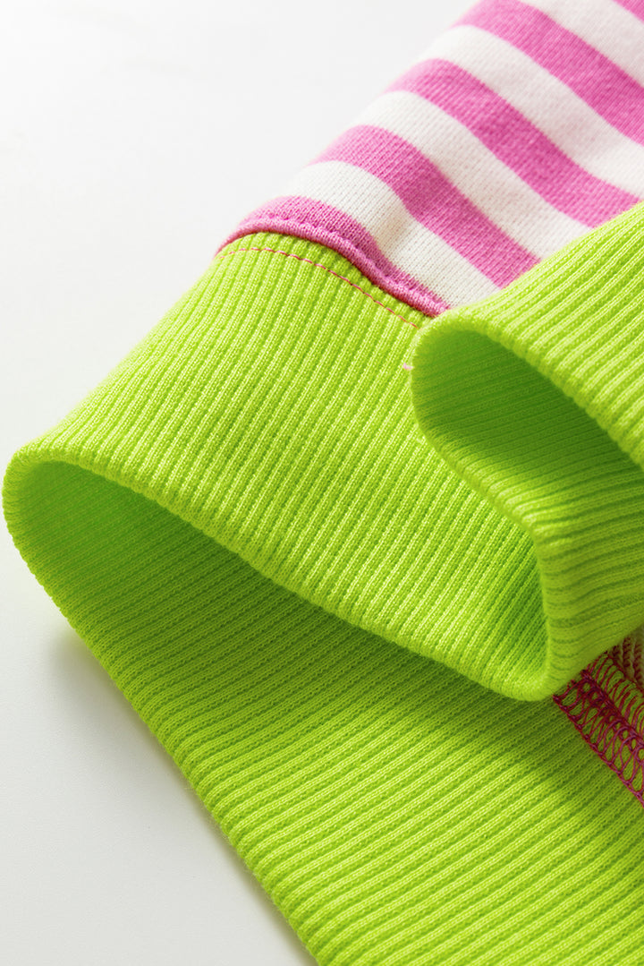 Striped Contrast Ribbed Trim Crossed Stitch Drop Shoulder Sweatshirt