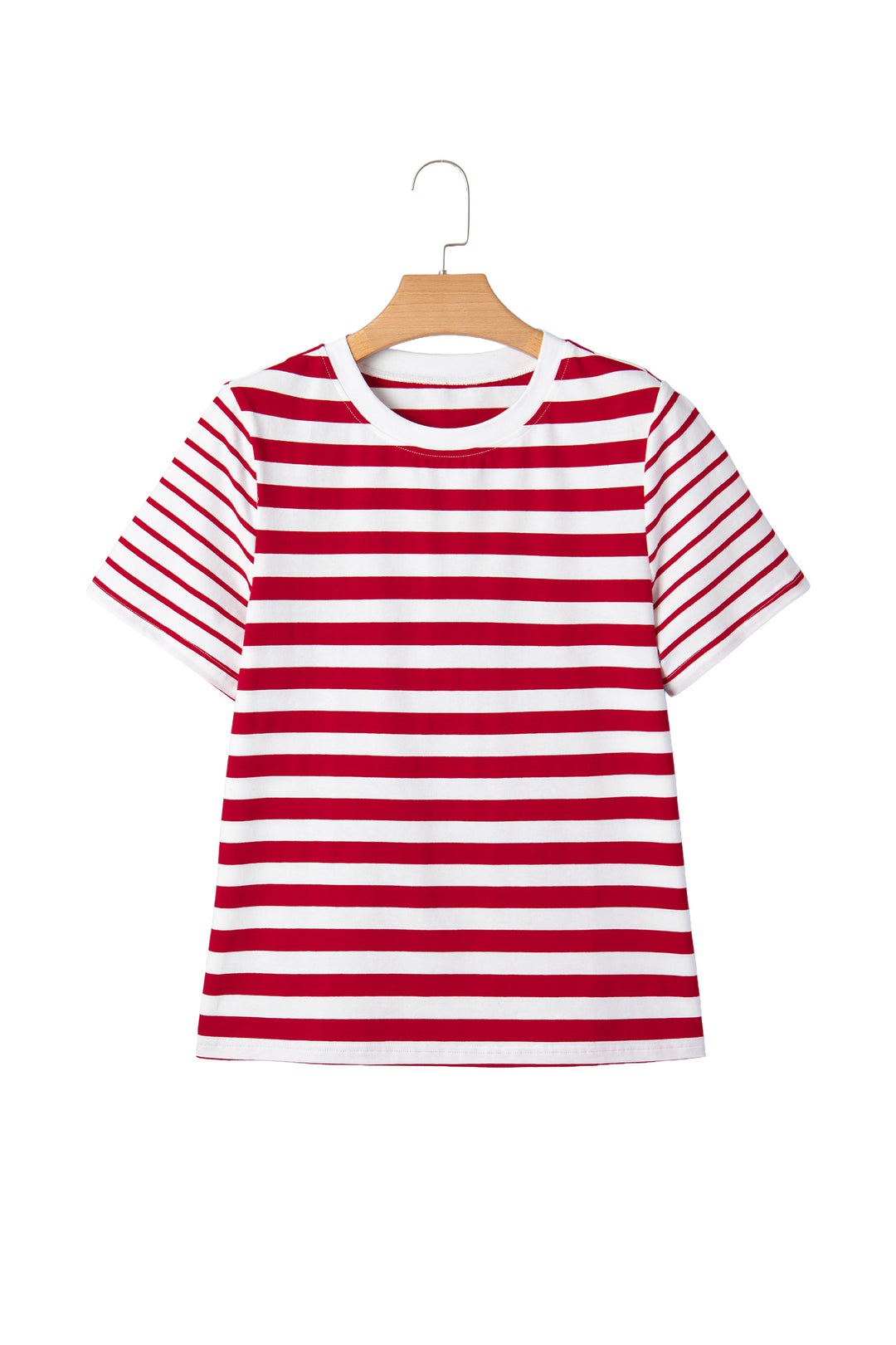 Red Stripe Patchwork Round Neck Short Sleeve T Shirt