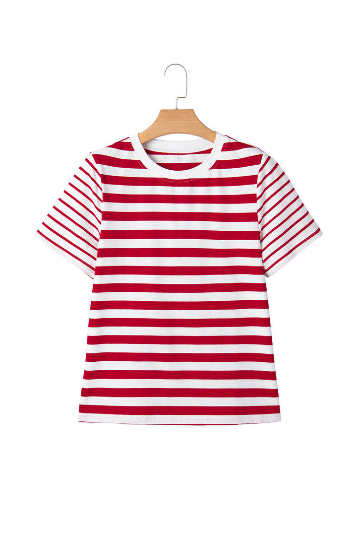 Red Stripe Patchwork Round Neck Short Sleeve T Shirt