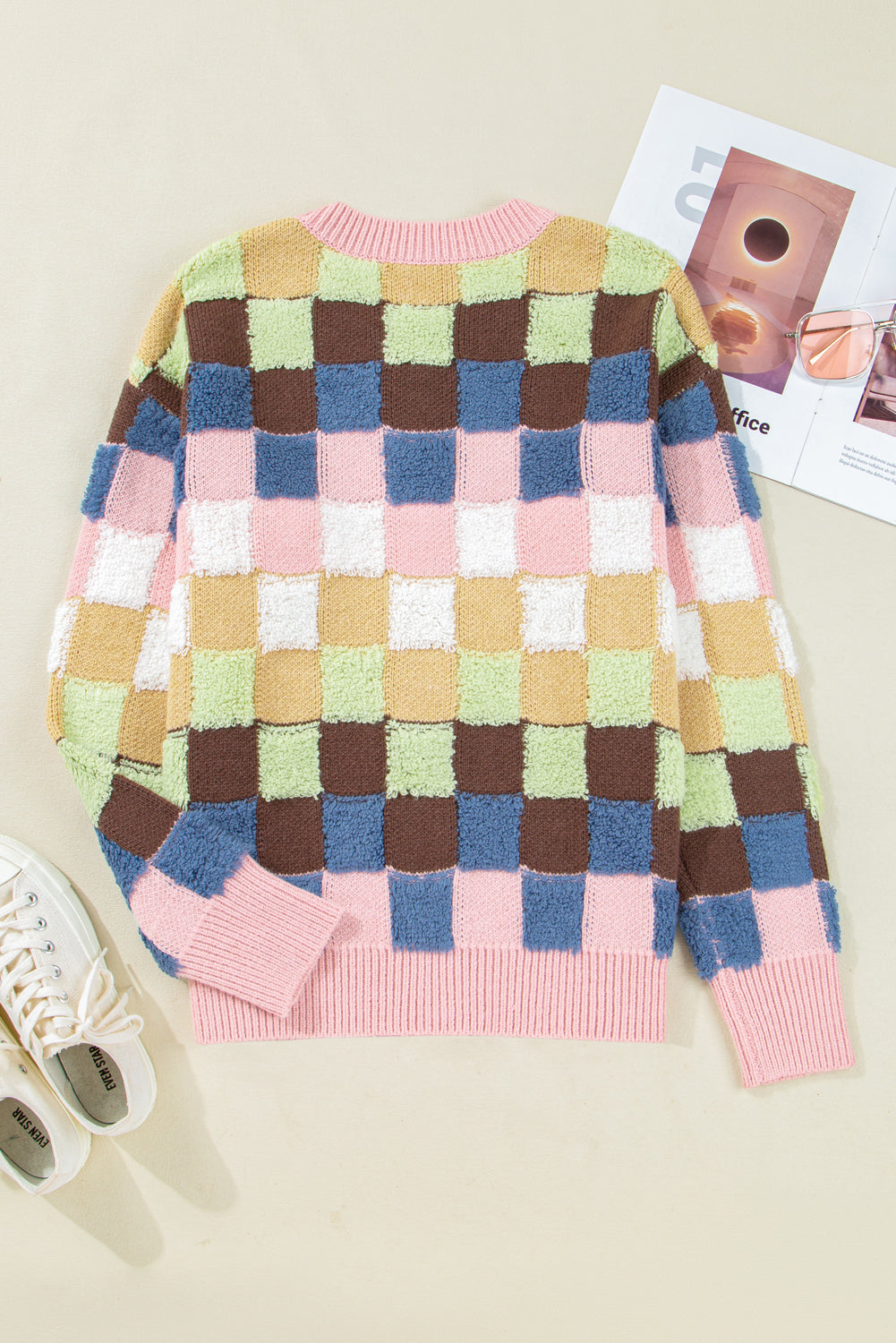 Plush Checkered Pattern Button Front Cardigan Sweater