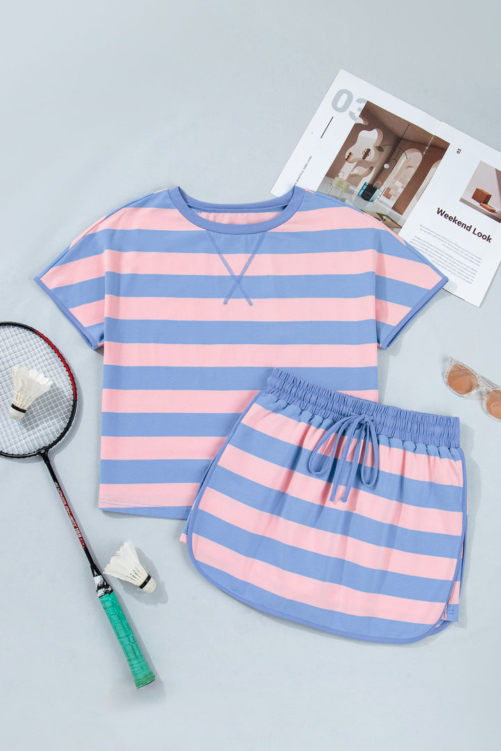 Pink Stripe Dolman Tee Drawstring Skort Athletic 2pcs Set