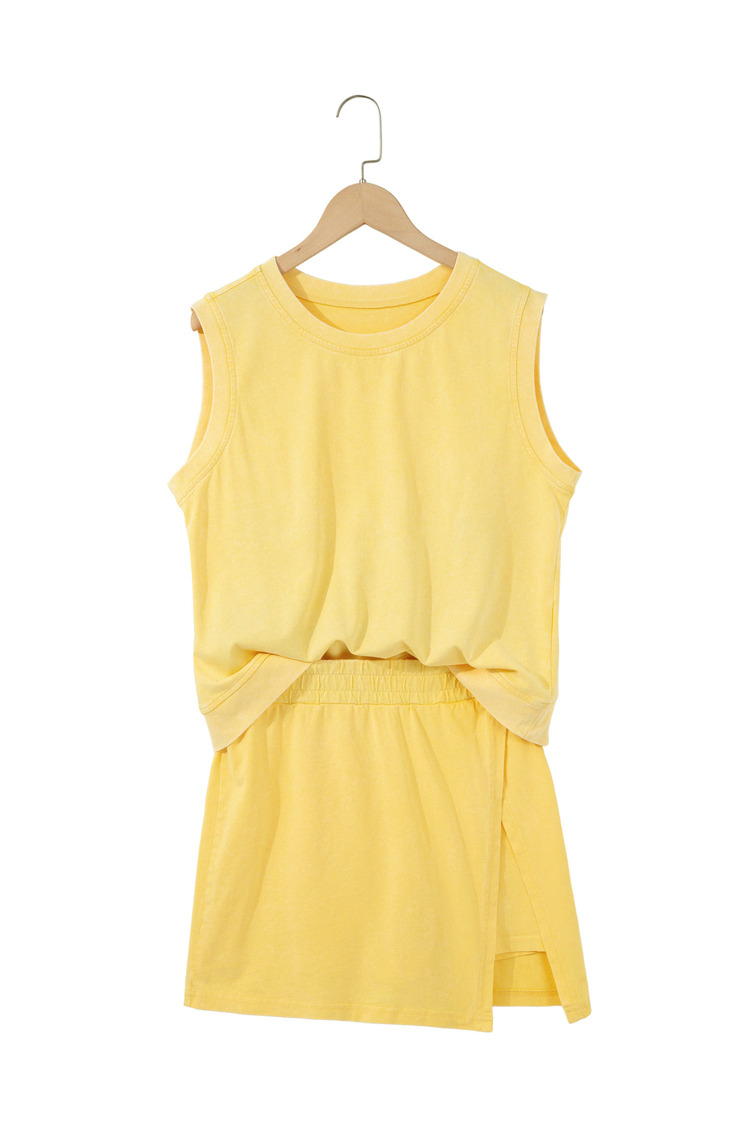 Yellow Cream Washed Sleeveless Top Split Skort Cotton 2pcs Outfit