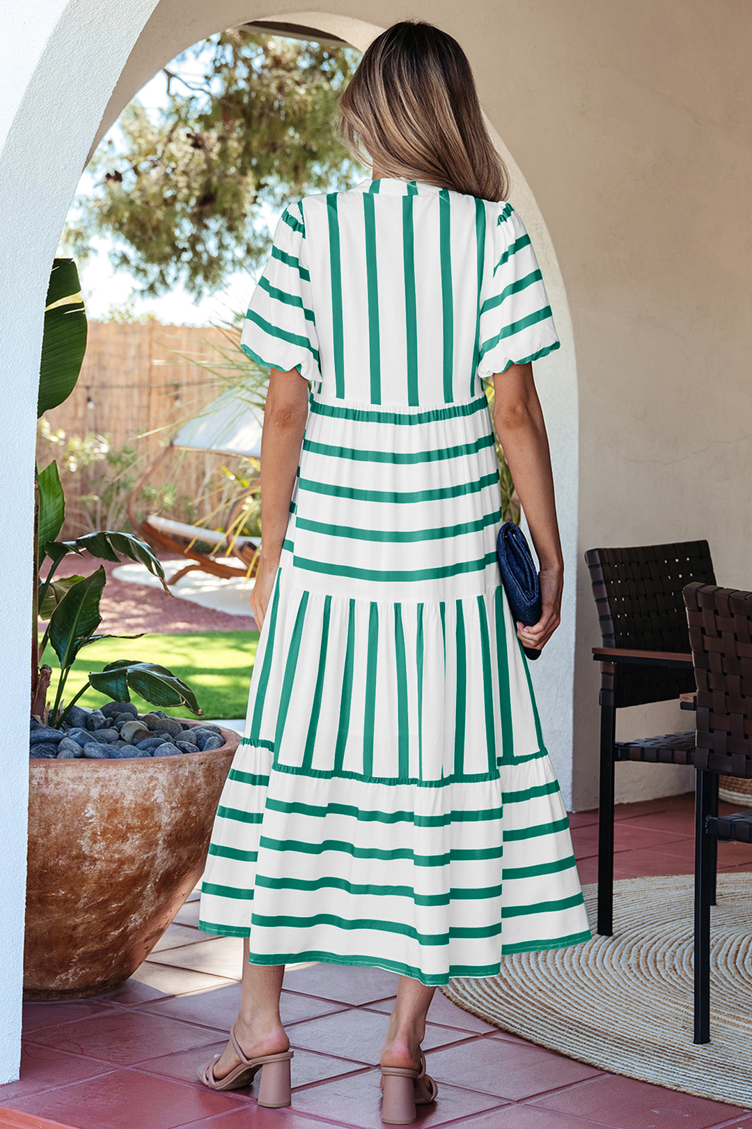 Green Stripe Half Sleeve Vacation Maxi Dress