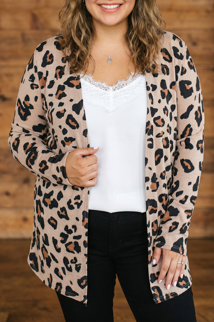 Khaki Leopard Print Tunic Plus Size Cardigan