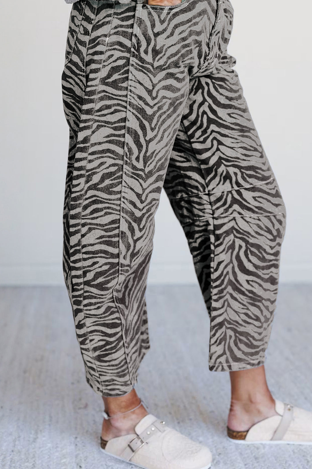 Gray Zebra Stripe Printed Wide Leg Barrel Jeans