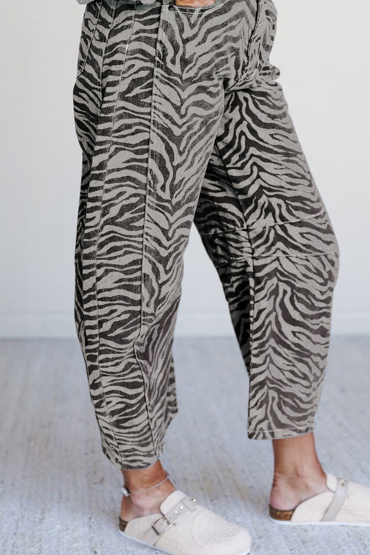Gray Zebra Stripe Printed Wide Leg Barrel Jeans