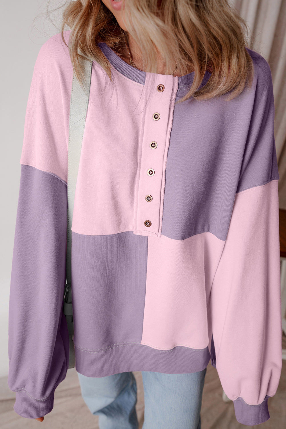 Colorblock Henley High Low Oversize Sweatshirt