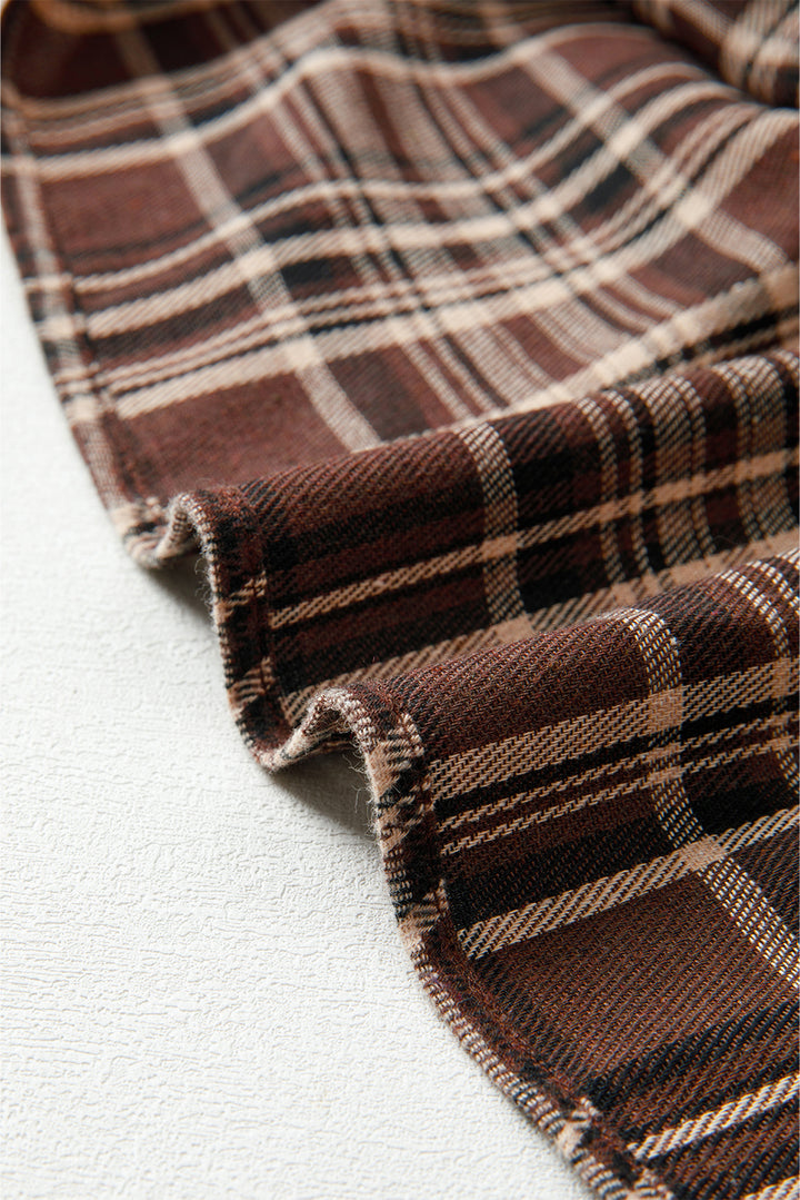 Plaid Patchwork Long Sleeve Button Hooded Blouse