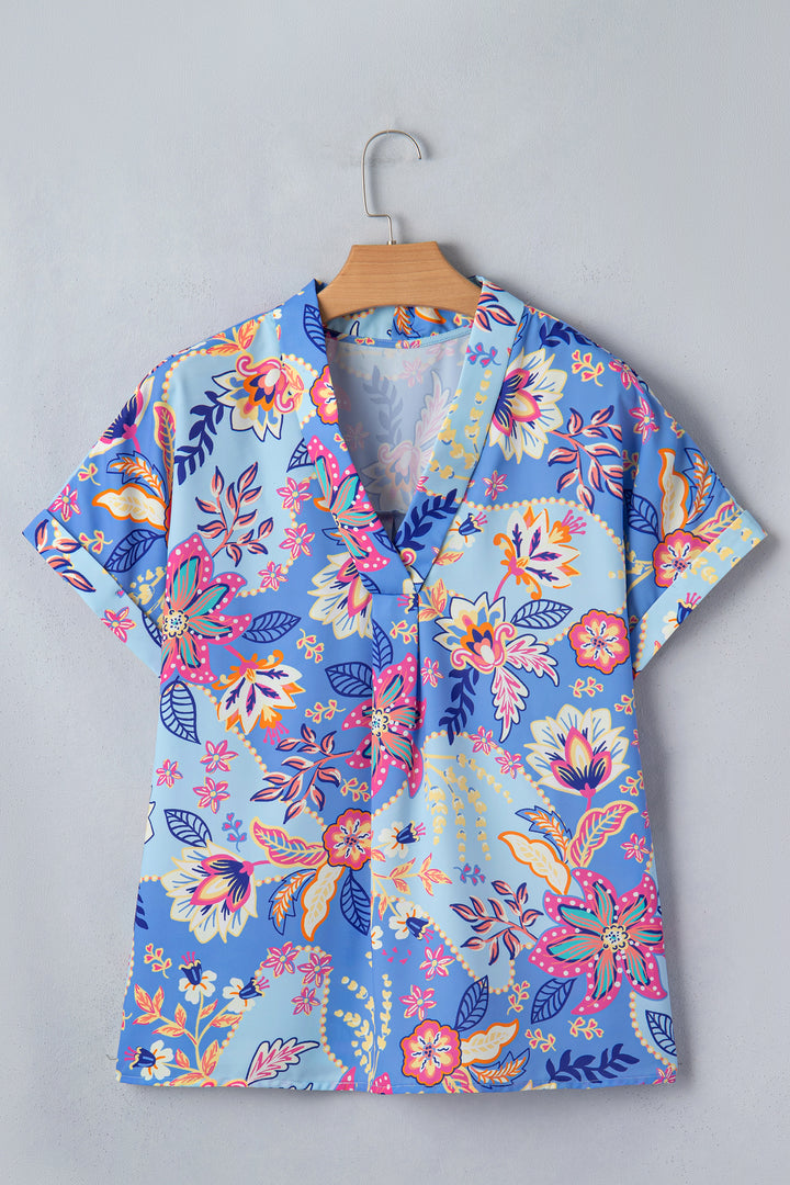 Purple Vacation Floral Print V Neck Short Sleeve Blouse