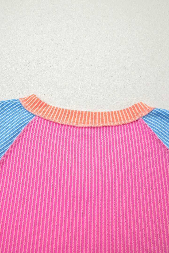 Rose Red Color Block Twisted Ribbed Tee
