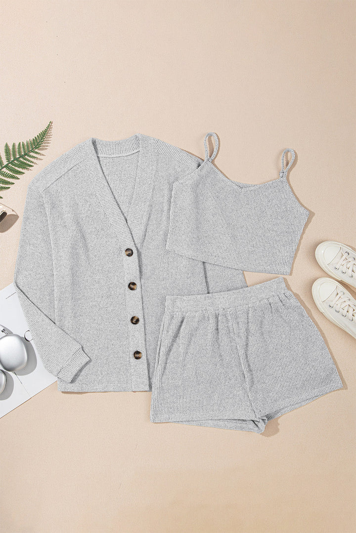 3 pieces rib crop camisole matching shorts lounge set with cardigan