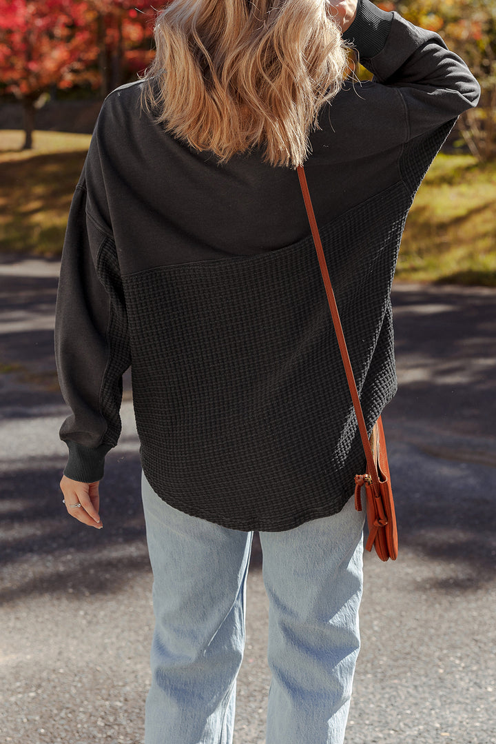 Waffle Knit Patchwork Half Zipped Casual Sweatshirt