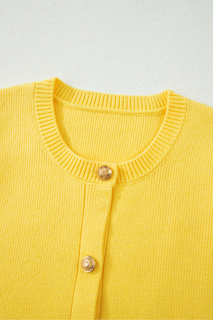 Yellow Cream Solid Color Sleeveless Knit Button Pocketed Sweater