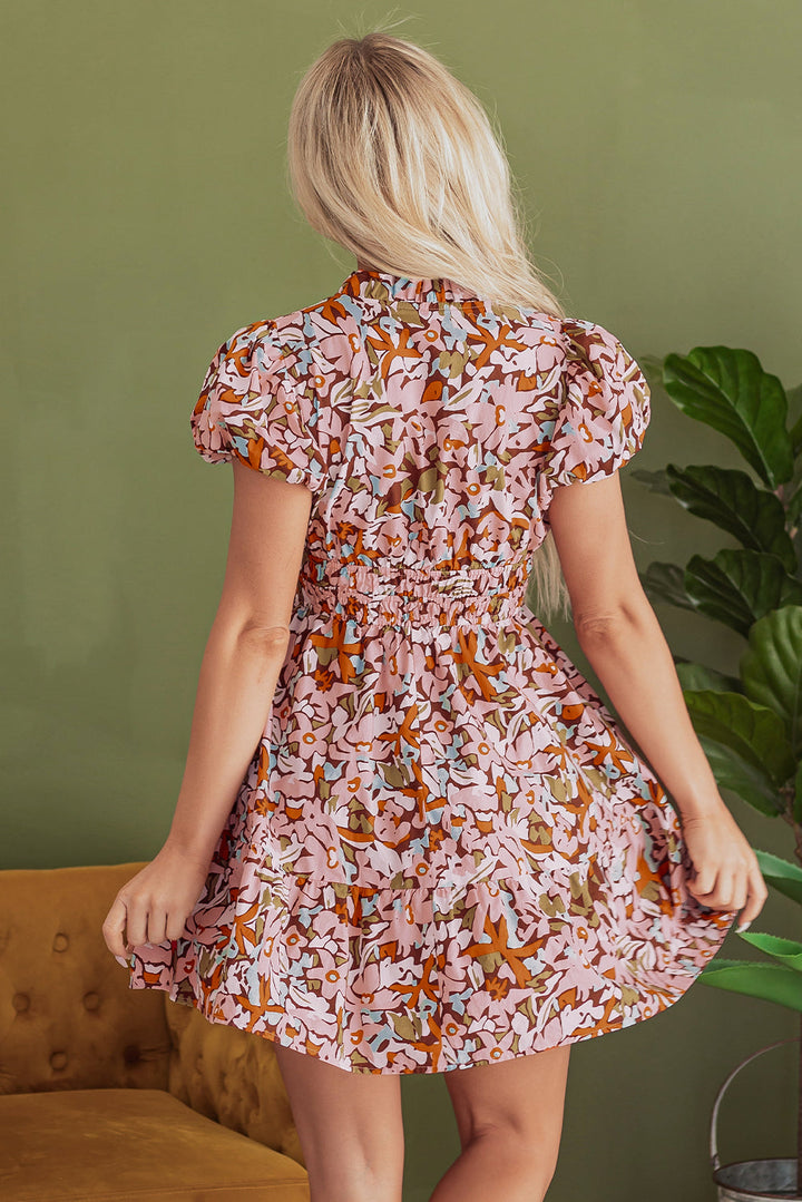 Floral Print Puff Sleeve Shirred High Waist Mini Dress