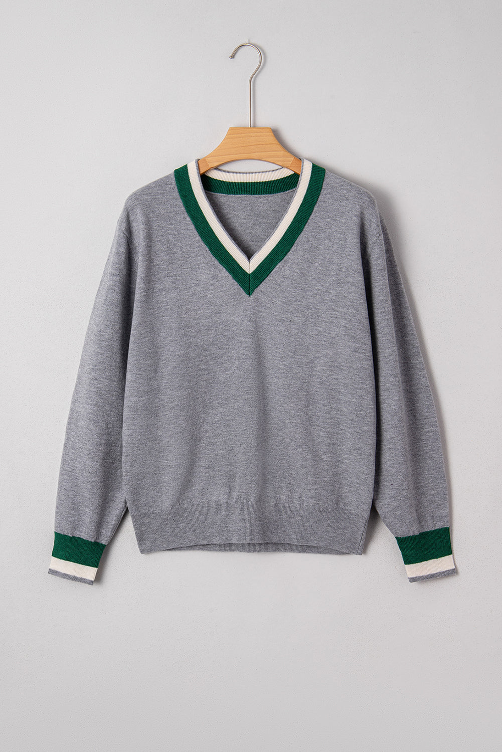 Contrast Striped Trim V Neck Varsity Sweater