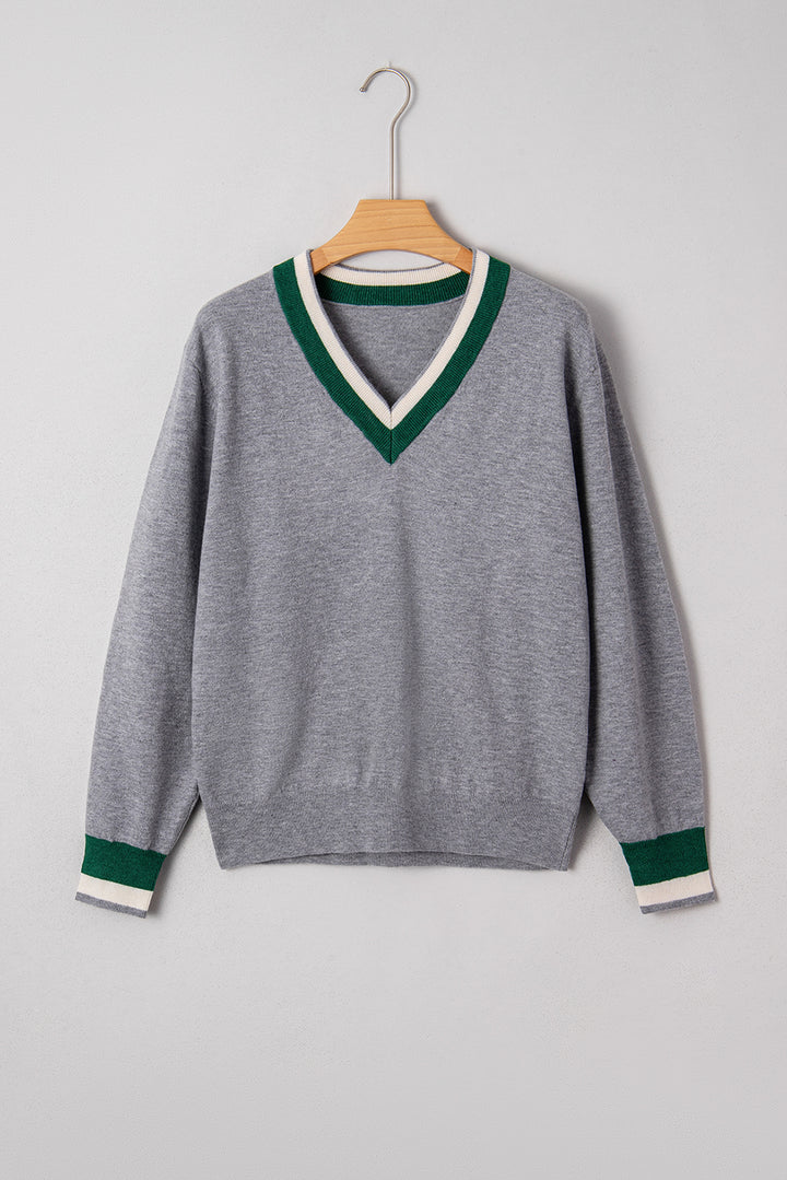 Contrast Striped Trim V Neck Varsity Sweater