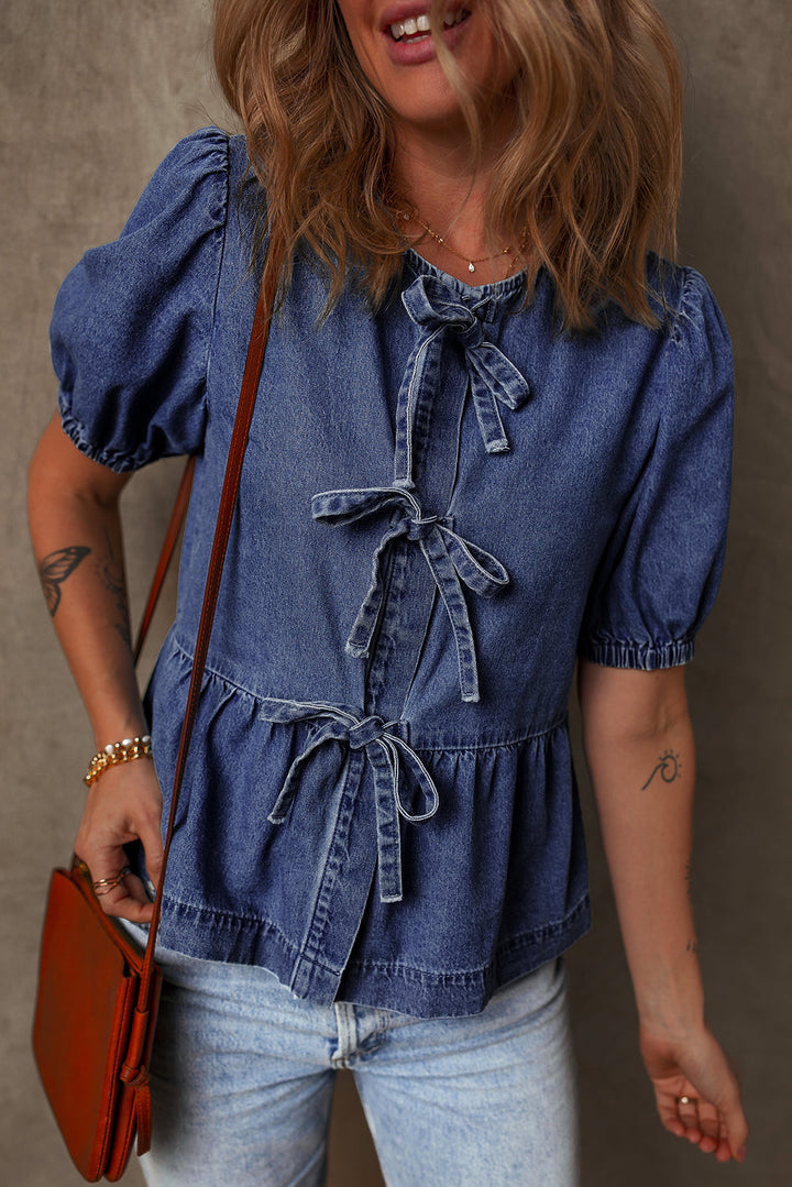 Tied Front Bubble Sleeve Peplum Denim Shirt