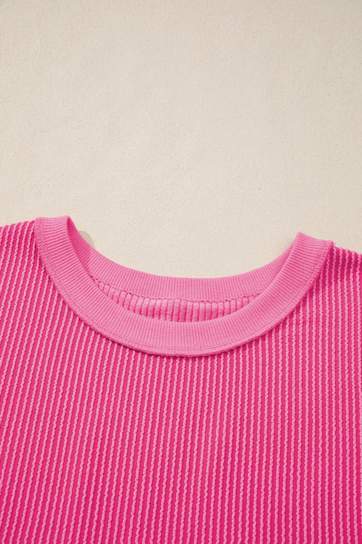 Rose Red Spiral Ribbed Cutout Bow Knot Back Oversize T Shirt