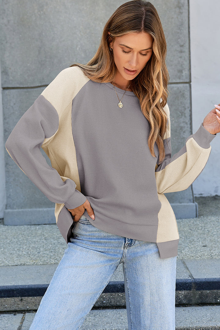 Color Block Waffle High Low Raglan Sleeve Sweatshirt