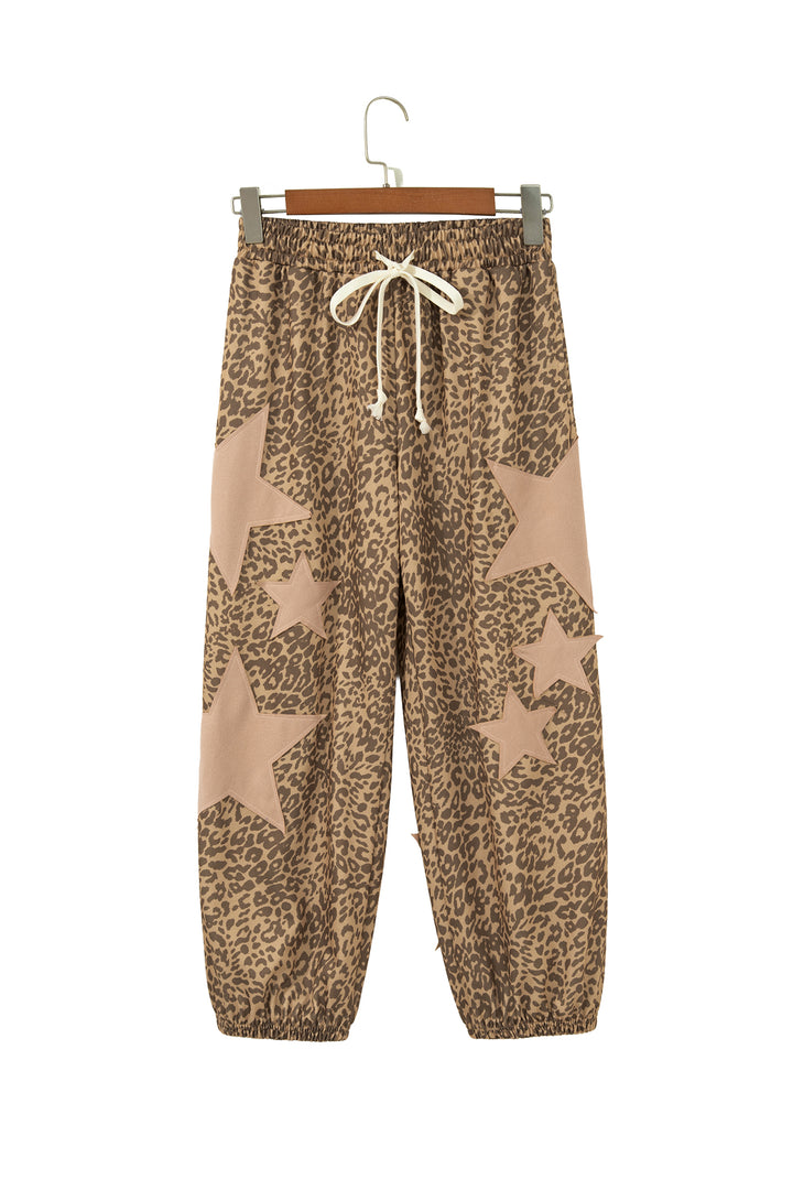 Khaki Leopard Print Star Patched Drawstring Elastic Waist Jogger Pants