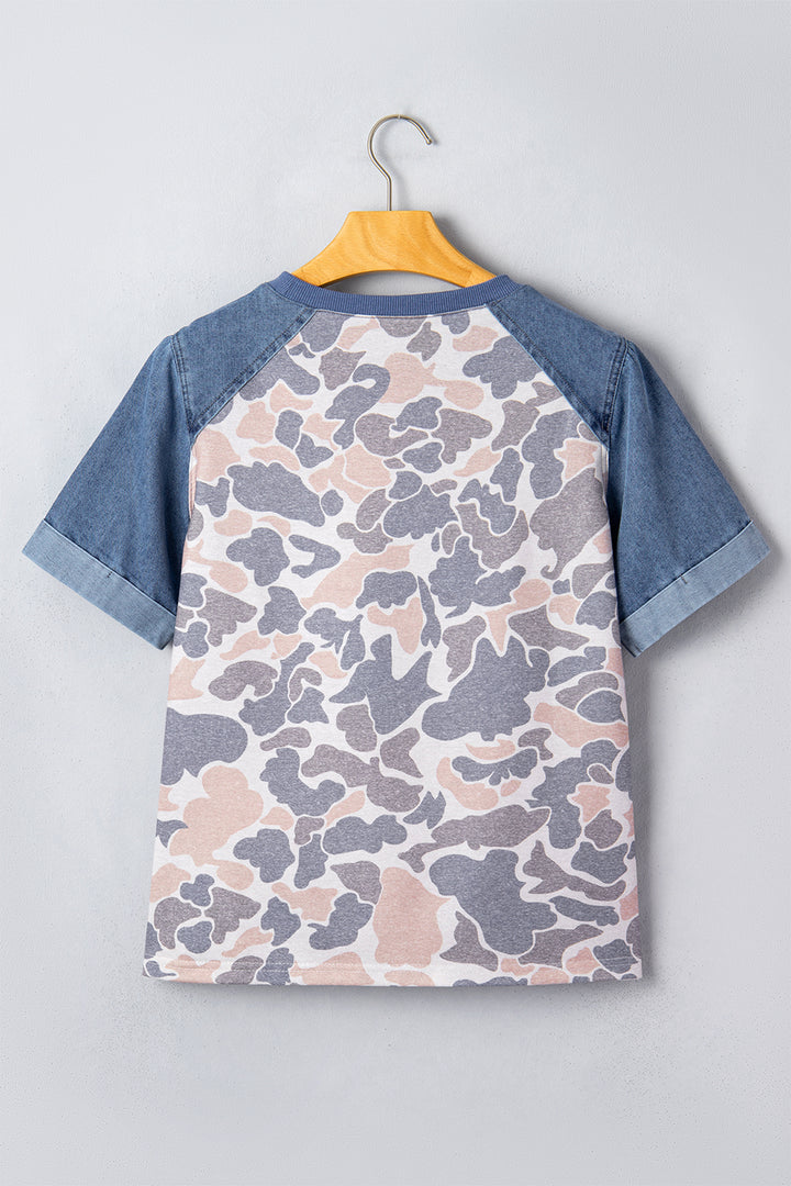 Multicolour Camouflage Print Denim Color Block Sleeve Casual Tee