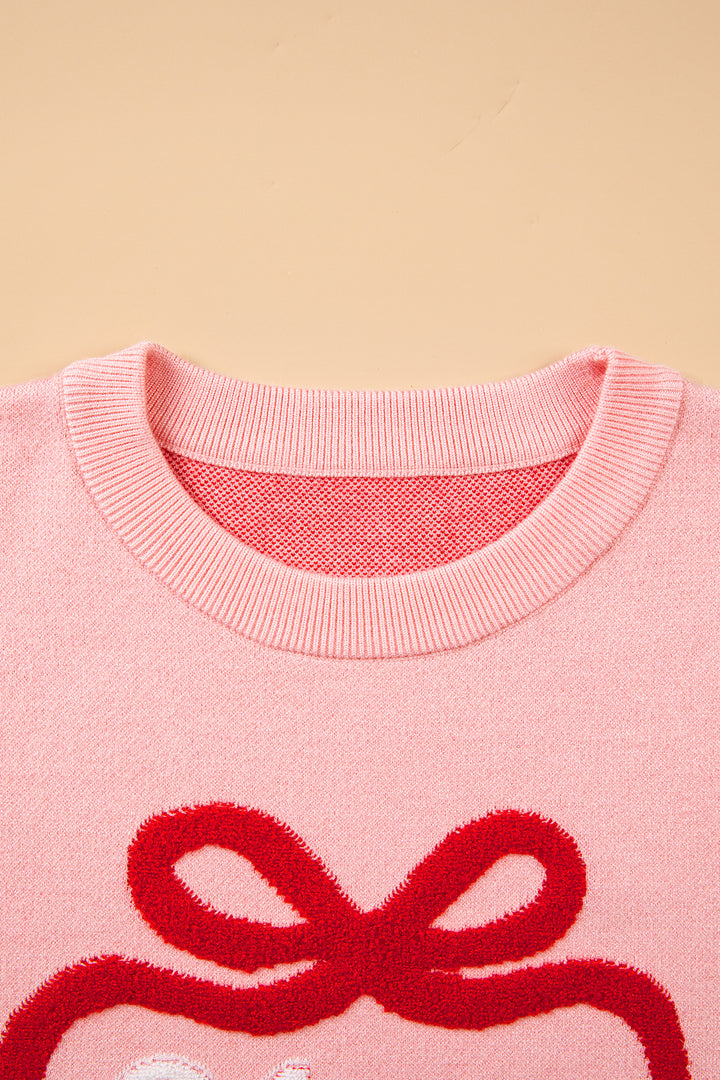 Gossamer Pink Towel Embroidery Slogan Pullover Sweater
