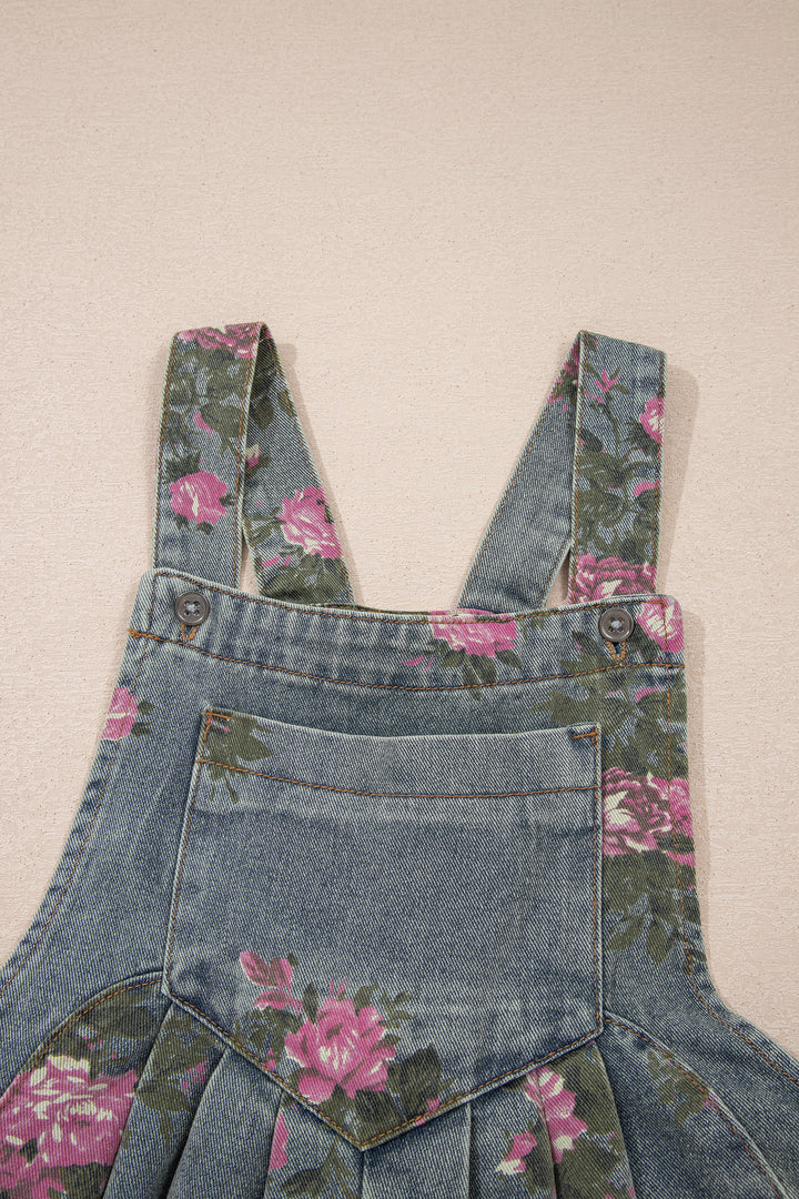 Gray Beau Floral Print Pleated High Waist Wide Leg Denim Jumpsuit