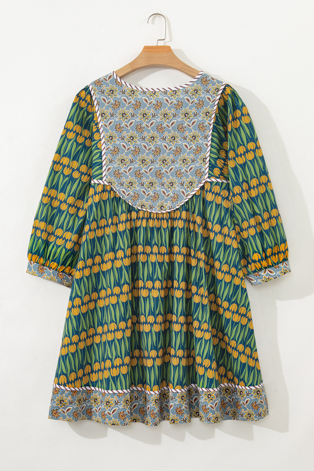 Green Plus Size Mixed Floral Print Striped Trim Loose Cotton Mini Dress