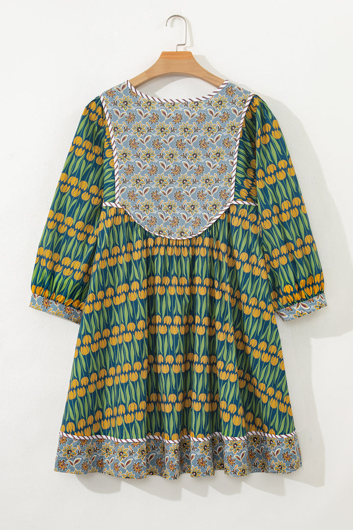 Green Plus Size Mixed Floral Print Striped Trim Loose Cotton Mini Dress