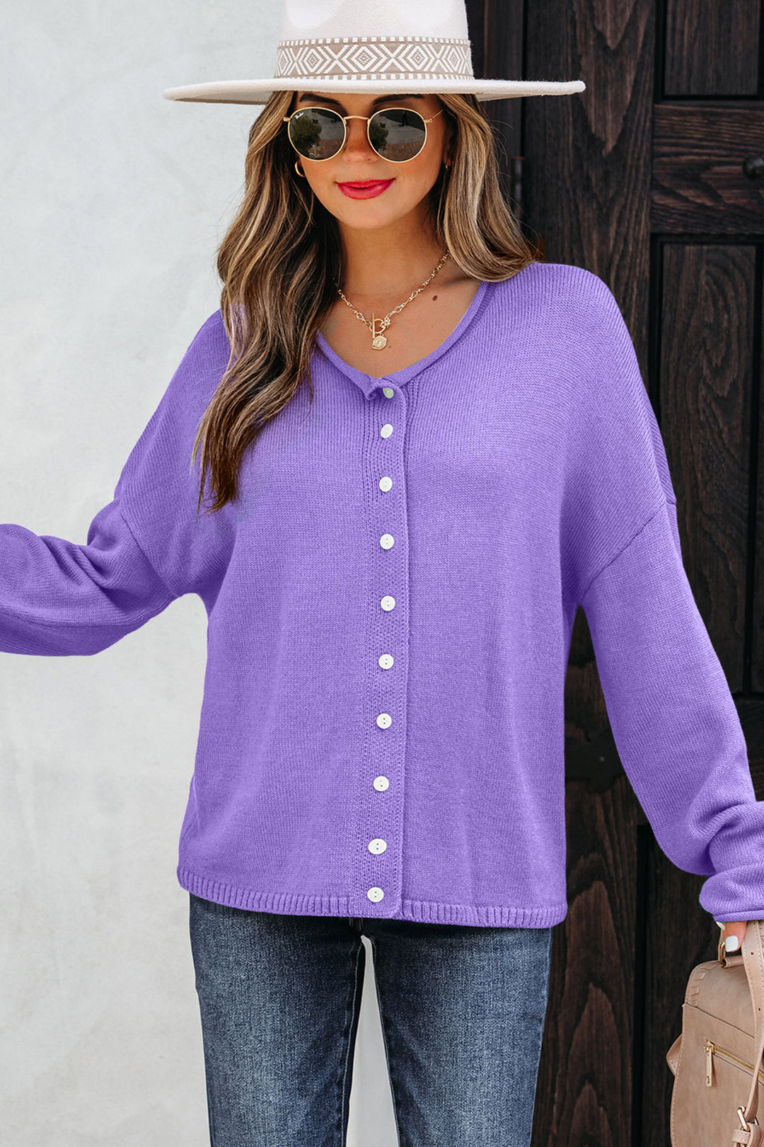 Wisteria Solid Color Knit Button Sweater Cardigan