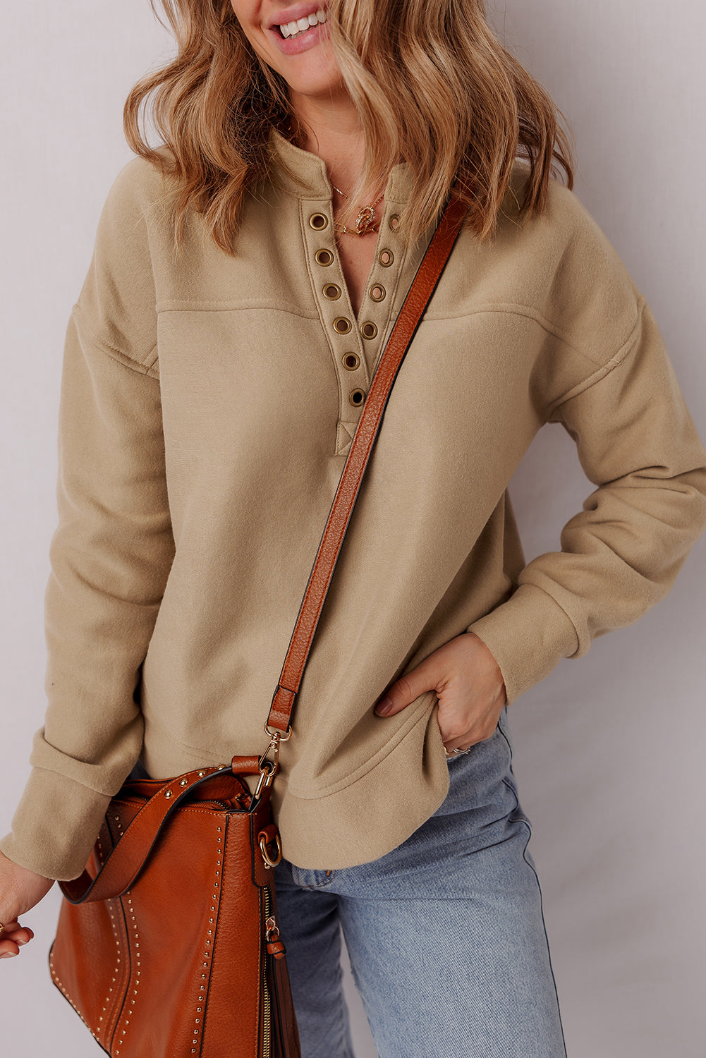 Grommet Detail V Neck Sweatshirt