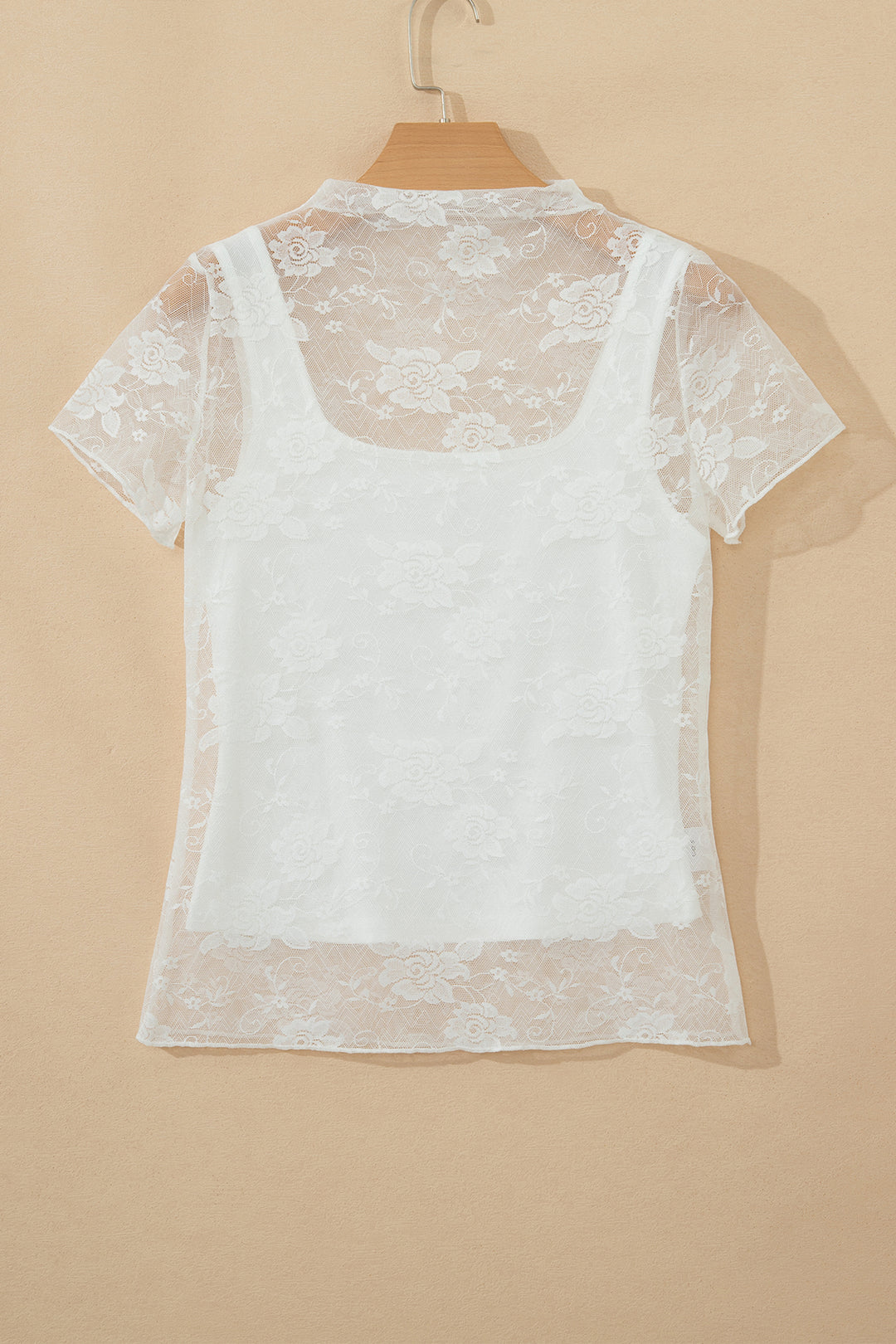 White Sheer Lace Round Neck T Shirt