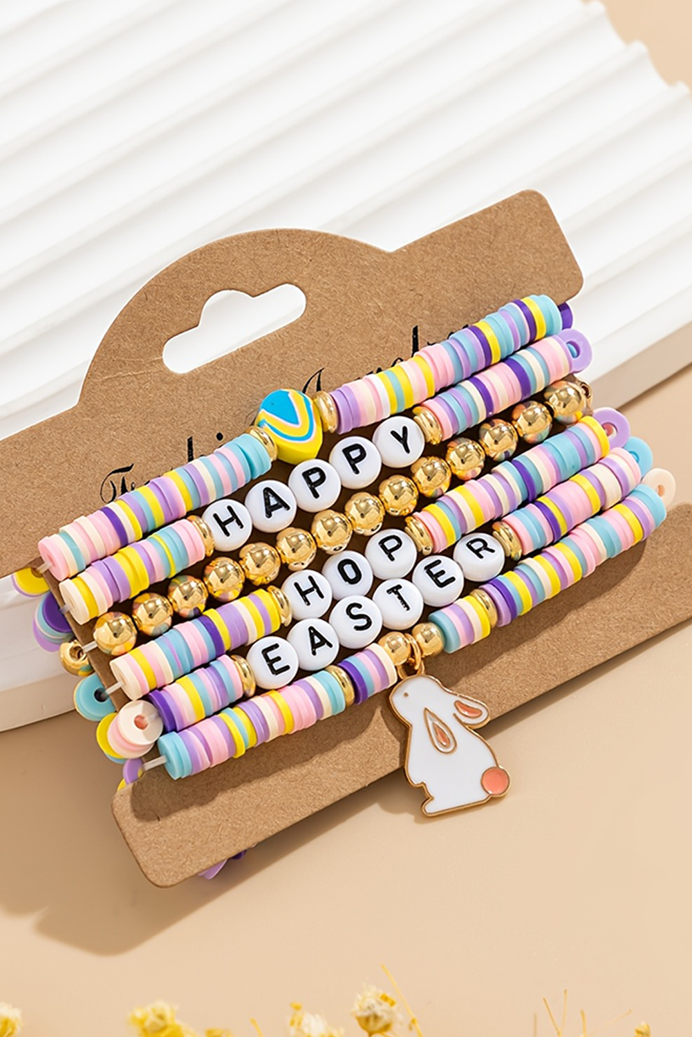 Bracelet élastique multicouche perlé avec lettres « Joyeuses Pâques »