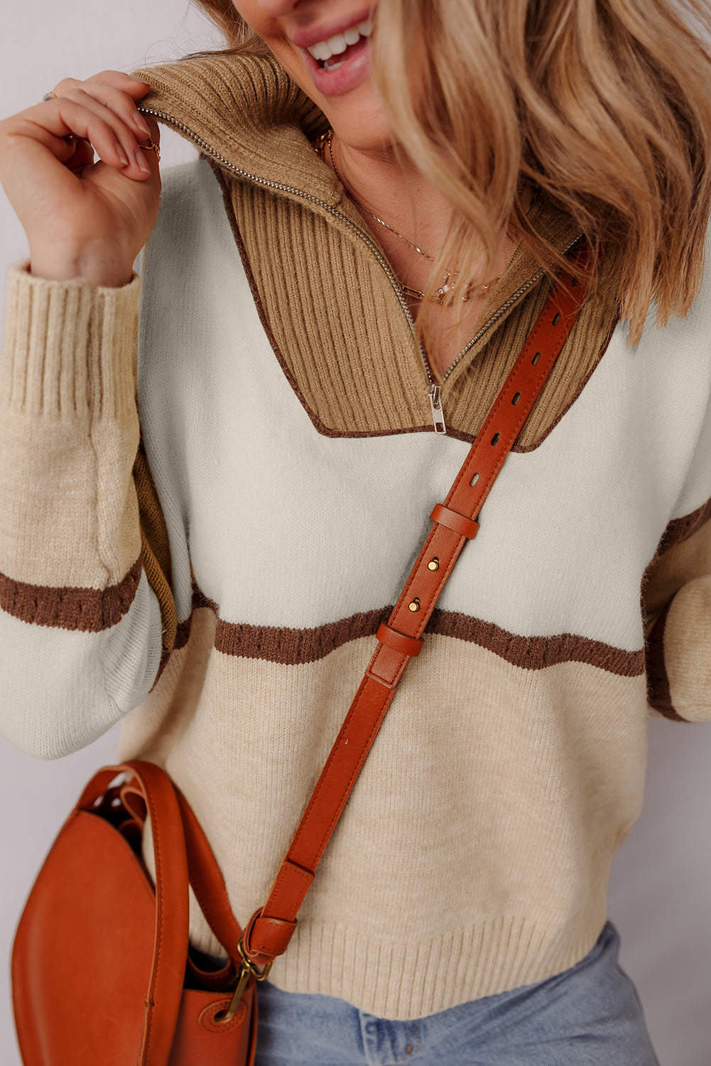 Colorblock Zipped Collared Pullover Sweater