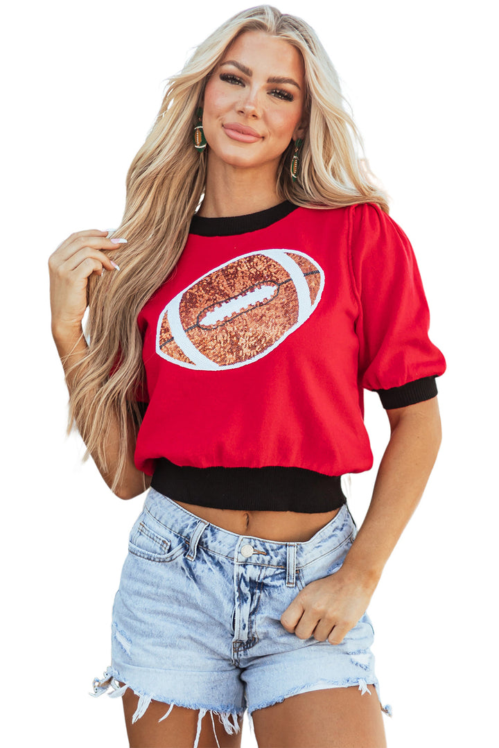 Sequin Rugby Color Block Puff Short Sleeve Sweater