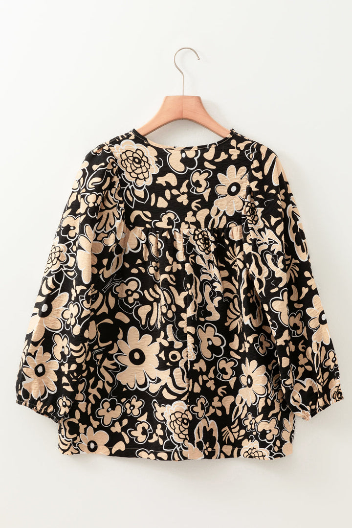 Floral Shirred Yoke Bracelet Sleeve Split Neck Boho Blouse