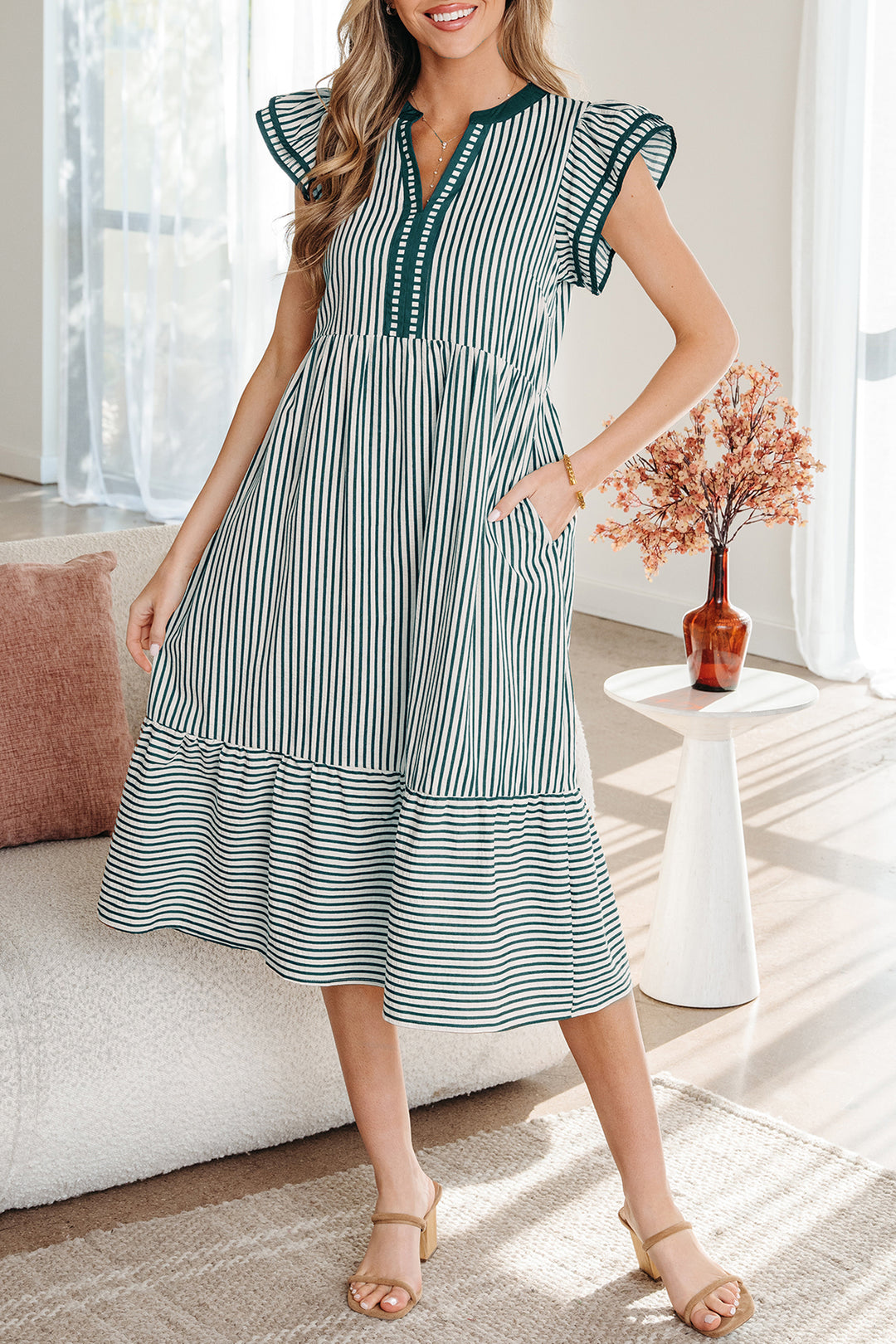 Double Ruffled Short Sleeve Contrast Trim V Neck Midi Dress