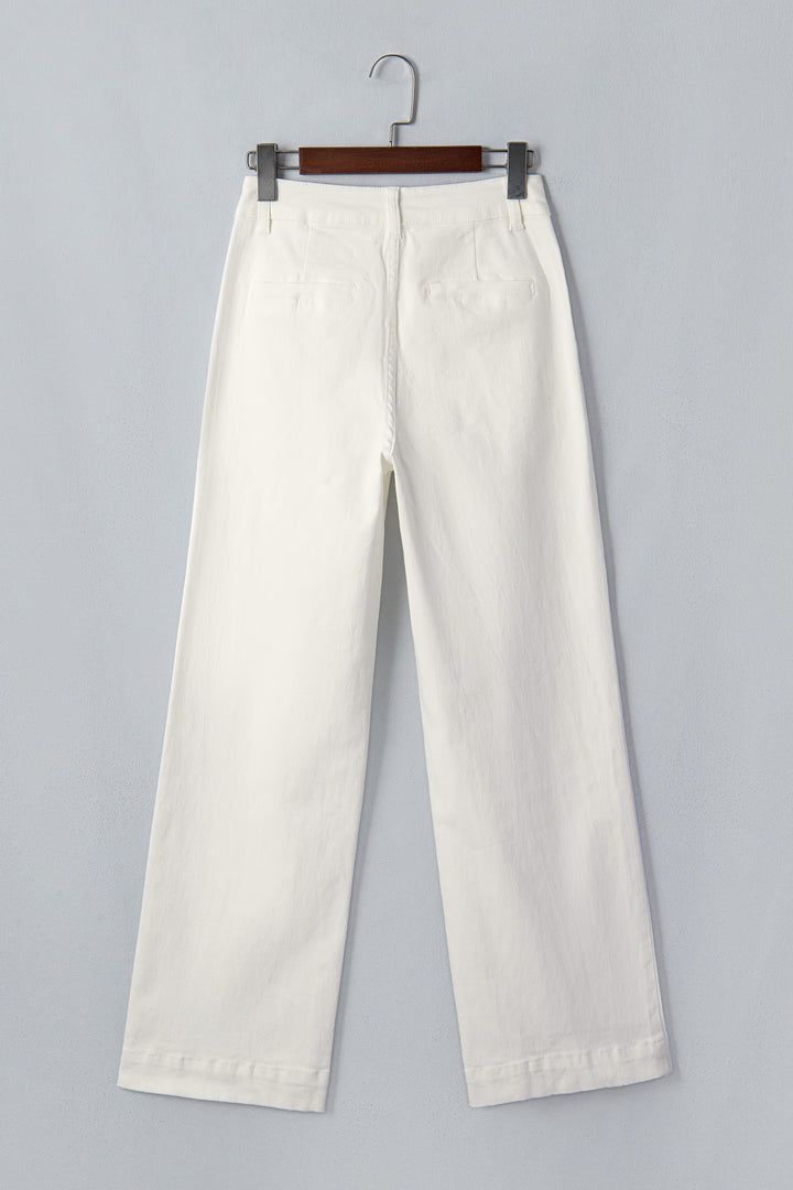 White Solid Color Scalloped Patch Pocket Shift Jeans