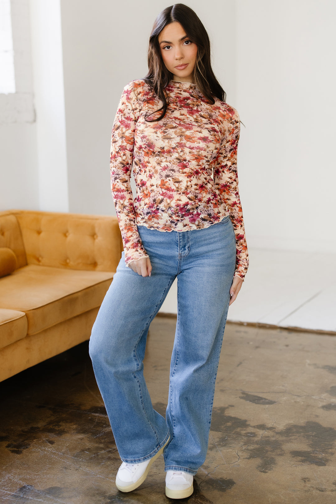 Lettuce Trim Floral Print Mesh Long Sleeve Top