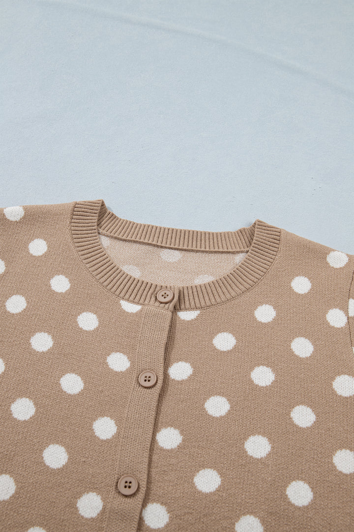 Dark Khaki Polka Dot Short Sleeve Button Down Sweater Cardigan
