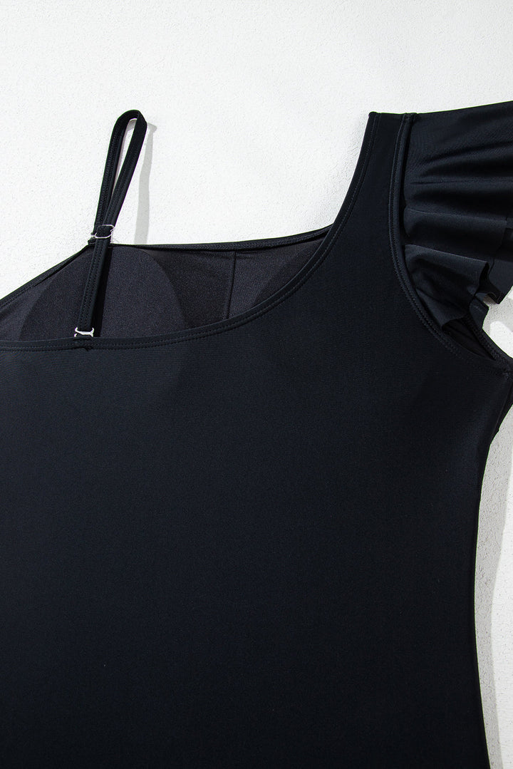 asymmetric ruffle shoulder pleated one piece swimsuit