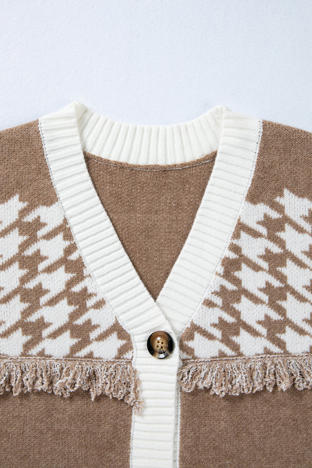 Khaki Houndstooth Color Block  Raw Edge Button Front Cardigan