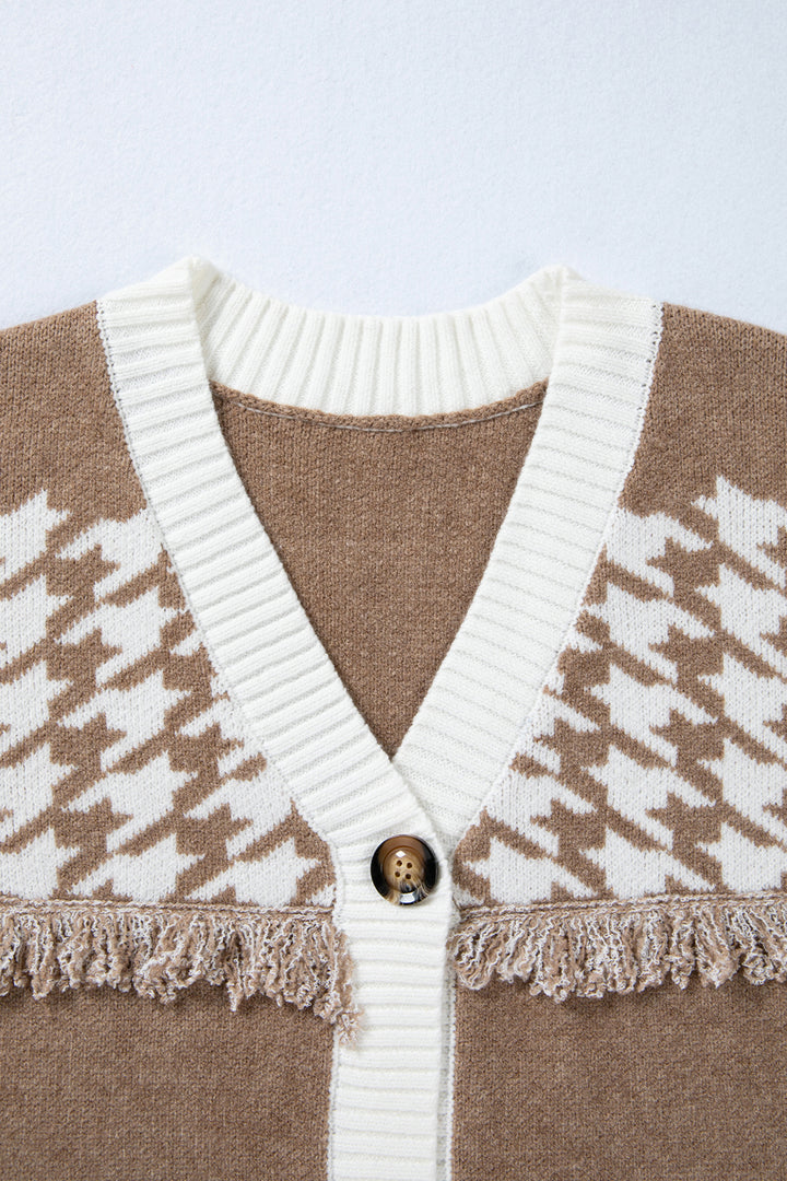 Khaki Houndstooth Color Block  Raw Edge Button Front Cardigan