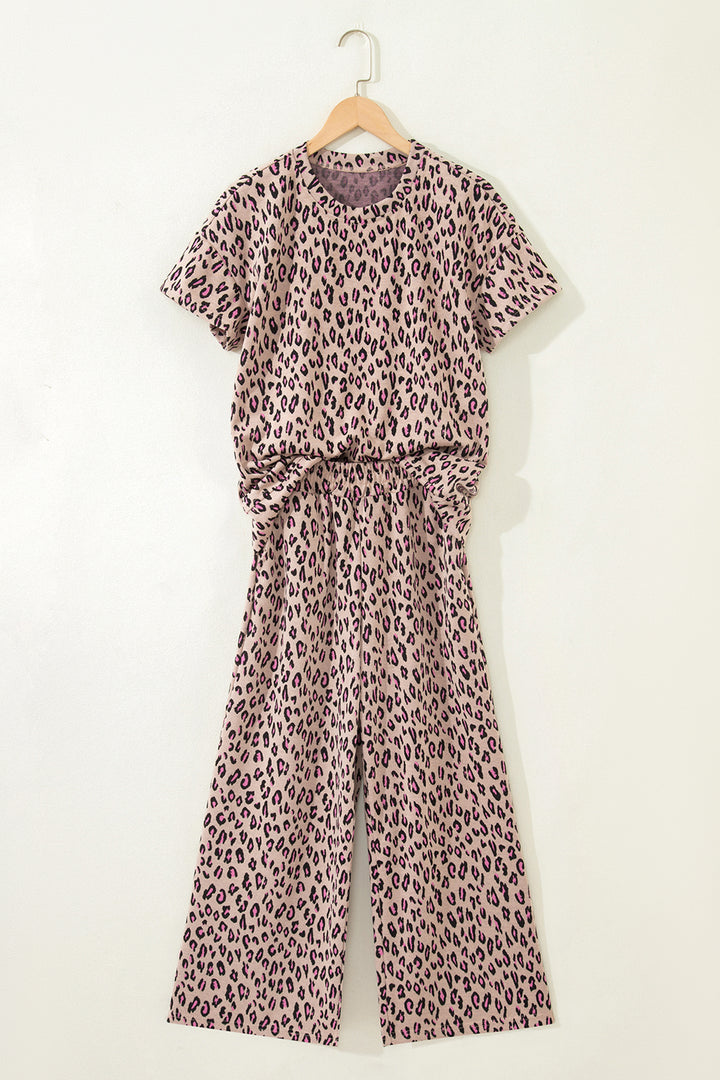 Pink Leopard Print Casual Tee and Pants 2pcs Outfit