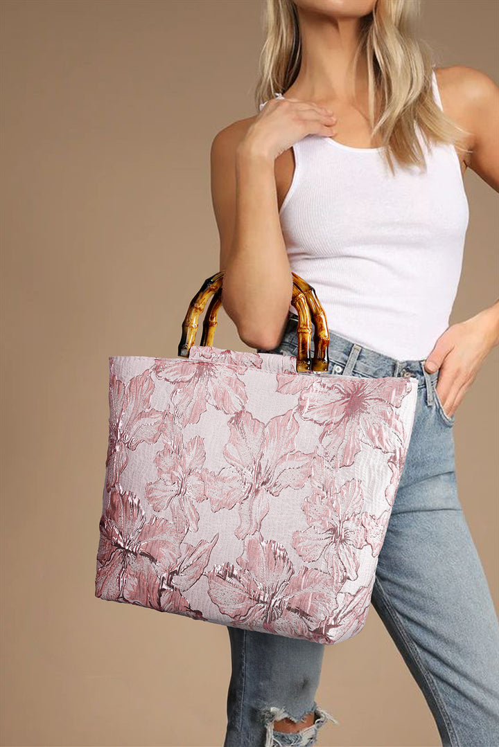 Flower Canvas Tote Bag with Bamboo Handle