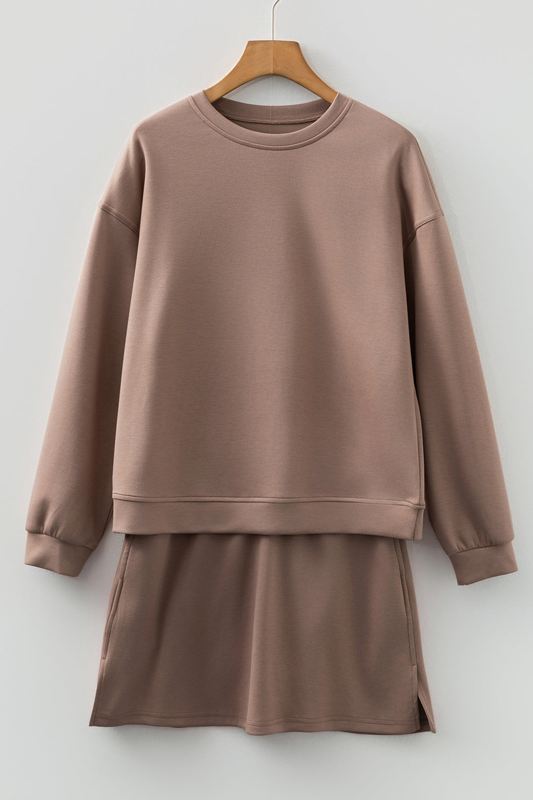Coffee Solid Color Pullover Drawstring Mini Skirt 2pcs Outfit