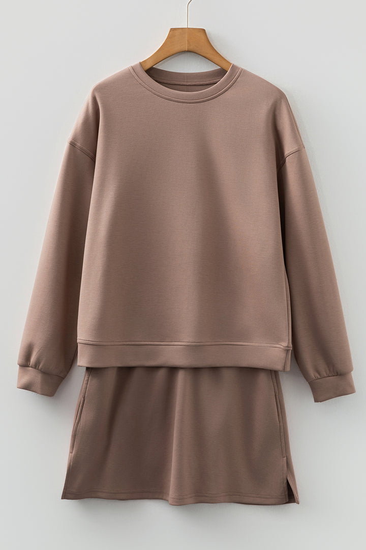 Coffee Solid Color Pullover Drawstring Mini Skirt 2pcs Outfit
