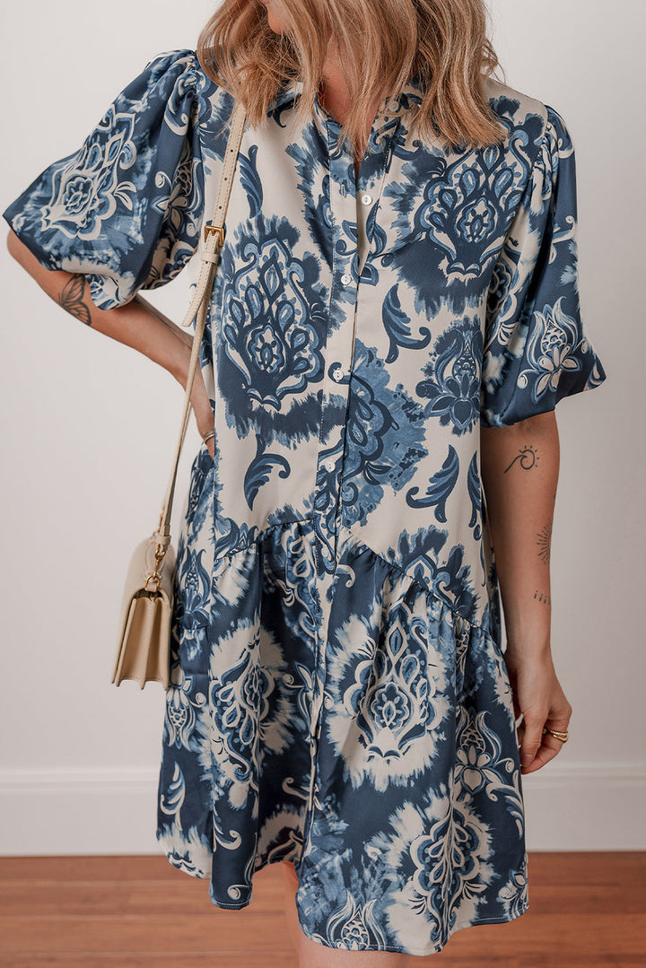 boho floral print buttoned collared loose fit mini dress